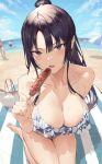  bag bangs bare_shoulders barefoot beach bikini black_hair blue_eyes blurry blush breasts cleavage collarbone depth_of_field food highres hiiragi_yuuichi kneeling large_breasts long_hair looking_at_viewer ocean original outdoors parted_lips ponytail shoulder_bag solo_focus swimsuit thighs 