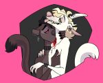  anthro blep blonde_hair blood blood_in_mouth bodily_fluids boyfriends brown_body brown_fur brown_hair cadaverrdog canid canine canis caressing_neck chest_tuft collar domestic_dog drinking drinking_blood duo ear_piercing ear_ring euplerid eye_spots eyelashes fangs fossa fur goth green_sclera hair half-closed_eyes herding_dog issac_(cadaverrdog) licking_blood looking_pleasured love male male/male mammal narrowed_eyes pastoral_dog piercing pink_background raziel_(fleetwoodbrak) red_sclera romantic romantic_couple shirtless shirtless_anthro shirtless_male simple_background smile smirk smug smug_face smug_grin studded_bracelet studded_collar tongue tongue_out tongue_piercing tuft white_body white_fur 