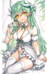  1girl bangs bare_shoulders blush bow bow_panties breasts cleavage dragon_girl dragon_horns eyebrows_visible_through_hair fate/grand_order fate_(series) green_hair hand_in_own_hair highres horns kiyohime_(fate) large_breasts long_hair looking_at_viewer morizono_shiki panties parted_lips sitting smile solo thighhighs thighs underwear white_legwear white_panties yellow_eyes 