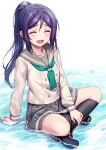  1girl :d black_legwear blue_hair blush closed_eyes crossed_legs deadnooodles full_body green_neckerchief grey_skirt highres indian_style kneehighs long_hair love_live! love_live!_sunshine!! matsuura_kanan neckerchief open_mouth partially_submerged pleated_skirt ponytail raised_eyebrows sailor_collar school_uniform serafuku shoes sitting skirt smile solo uranohoshi_school_uniform water wet wet_clothes wet_hair 