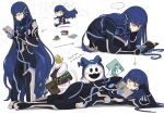  1boy 1girl 2others all_fours androgynous arm_support asymmetrical_hair bangs blue_bodysuit blue_hair bodysuit book chibi commentary_request donbee937 english_text eyelashes feet_out_of_frame full_body holding jack_frost legs long_hair lying male_focus multiple_others multiple_views on_side protagonist_(smtv) reading shadow shin_megami_tensei shin_megami_tensei_v shiny shiny_hair simple_background speech_bubble standing tail thoth_(megami_tensei) very_long_hair white_background yellow_eyes 