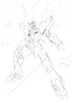  clenched_hand cosmikaizer disney fusion goofy greyscale highres huckebein looking_ahead mecha missile monochrome no_humans open_hand open_mouth pun science_fiction sketch solo super_robot_wars super_robot_wars_original_generation 