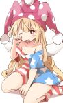  1girl american_flag_dress american_flag_legwear bangs bare_shoulders blonde_hair blush breasts clownpiece collarbone commentary_request dress eyebrows_visible_through_hair fairy_wings hair_between_eyes hand_on_own_face hand_up hat highres jester_cap long_hair looking_to_the_side medium_breasts mukuroi no_shoes off-shoulder_dress off_shoulder one-hour_drawing_challenge one_eye_closed open_mouth pink_headwear polka_dot pom_pom_(clothes) red_eyes seiza shadow short_sleeves simple_background sitting socks solo star_(symbol) star_print striped striped_dress striped_legwear tongue touhou white_background wings 