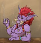  3_fingers blizzard_entertainment braided_hair deezmo drugs ear_piercing fingers grin hair hi_res long_ears long_hair looking_at_viewer male marijuana nipples piercing red_eyes smile smoking solo substance_intoxication troll tusks video_games warcraft 