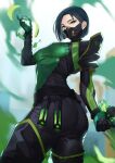  1girl absurdres ass black_footwear black_hair blurry blurry_background bodysuit breasts covered_mouth green_eyes hand_up highres kagematsuri large_breasts looking_at_viewer short_hair solo thighhighs valorant viper_(valorant) 