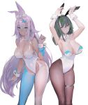  2girls animal_ears armpits arms_up bangs bare_shoulders blue_eyes bow breasts bunny_pose cleavage closed_mouth collarbone commentary dark-skinned_female dark_skin detached_collar fake_animal_ears fingernails green_hair hair_ornament hairclip halterneck highleg highleg_leotard highres leotard long_hair looking_at_viewer medium_breasts multiple_girls nail_polish onacia original pantyhose parted_lips pink_hair playboy_bunny purple_eyes rabbit_ears shiny shiny_clothes shiny_hair simple_background smile strapless strapless_leotard thigh_strap white_background wrist_cuffs 