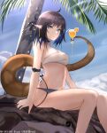  1girl ahoge arknights arm_strap arm_support artist_name bare_legs bipup-hola black_hair black_nails blue_eyes blue_hair blue_sky blush breasts chinese_commentary cleavage closed_mouth cloud cloudy_sky colored_inner_hair cup day drinking_straw ear_piercing earrings eunectes_(arknights) eunectes_(forgemaster)_(arknights) eyebrows_visible_through_hair feet_out_of_frame food fruit highres holding holding_with_tail id_card jewelry light_rays looking_at_viewer medium_breasts medium_hair multicolored_hair nail_polish navel official_alternate_costume orange_(fruit) orange_slice outdoors palm_tree piercing pointy_ears prehensile_tail rhodes_island_logo rock sitting sky snake_tail solo stomach sunlight sweat tail tree two-tone_hair 