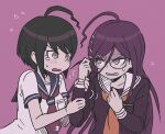  2girls ahoge bangs blue_sailor_collar blush breast_pocket brown_hair danganronpa_(series) danganronpa_another_episode:_ultra_despair_girls fukawa_touko glasses hair_ornament hairclip long_hair long_sleeves multiple_girls naegi_komaru namu_(nurui_cha) neckerchief necktie open_mouth orange_neckerchief pink_background pocket red_necktie round_eyewear sailor_collar shirt short_hair short_sleeves simple_background tearing_up upper_body white_shirt 