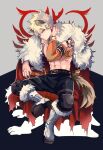  2boys abs absurdres all_fours animal_ears bakugou_katsuki bare_shoulders belt black_pants blonde_hair boku_no_hero_academia boots brown_belt cai_(caiirocai) cape claws closed_mouth commentary_request earrings frown fur-trimmed_cape fur_trim grey_background hand_on_own_neck highres jewelry kemonomimi_mode knee_pads looking_at_viewer male_focus midoriya_izuku multiple_boys necklace nipples official_alternate_costume pants red_cape red_eyes short_hair shoulder_tattoo silhouette sitting sitting_on_person solo_focus sword tail tattoo toned toned_male topless_male weapon white_footwear wolf_boy wolf_ears wolf_tail 