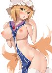  1girl animal_ears bare_shoulders between_breasts blonde_hair blue_tabard blush breasts clothes_between_breasts commentary_request cowboy_shot embarrassed facing_to_the_side fox_ears fox_girl fox_tail fujiko_(emnprmn) groin hands_up hat highres hip_focus kitsune large_breasts leaning_forward looking_at_viewer medium_breasts medium_hair multiple_tails naked_tabard nipples no_bra no_panties one-hour_drawing_challenge open_mouth pillow_hat solo surprised tabard tail thighhighs touhou white_legwear yakumo_ran yellow_eyes 