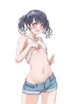  1girl @_@ blush breasts canizza clothes_lift cowboy_shot dark_blue_hair denim denim_shorts fangs fukumaru_koito groin highres idolmaster idolmaster_shiny_colors lifted_by_self navel shirt_lift short_shorts shorts simple_background skin_fangs small_breasts solo tank_top tearing_up tears twintails underboob v wavy_hair wavy_mouth white_background white_tank_top 