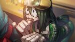  1boy 1girl asui_tsuyu belt blush_stickers boku_no_hero_academia fellatio gloves green_hair hetero highres midoriya_izuku oral red_belt shibayamamohu white_gloves 