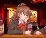  2girls alcohol blue_eyes bow bowtie brown_hair commentary_request cup drinking_glass hand_on_own_face highres kantai_collection koutetunamekuji kumano_(kancolle) kumano_kai_ni_(kancolle) long_hair looking_at_viewer multiple_girls orange_bow orange_bowtie ponytail sleeping solo_focus suzuya_(kancolle) upper_body wine wine_glass 