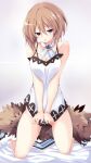  1girl alternate_breast_size bare_legs bare_shoulders blanc_(neptune_series) blue_eyes blush breast_squeeze breasts brown_hair cleavage coat coat_removed commentary_request dress dress_tug full_body fur-trimmed_coat fur_trim hair_between_eyes highres iwashi_dorobou_-r- kneeling large_breasts legs_apart looking_at_viewer medium_breasts medium_hair neptune_(series) open_mouth panties panty_peek short_dress solo spaghetti_strap thighs undersized_clothes underwear v_arms white_dress white_panties 