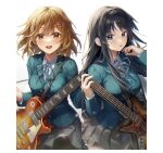  2girls :d :o adjusting_hair aimbek akiyama_mio bass_guitar black_hair blonde_hair blue_bow blue_bowtie blue_eyes blush bow bowtie breasts dot_nose green_shirt grey_shirt guitar hands_up hirasawa_yui huge_breasts instrument k-on! large_breasts looking_at_viewer looking_to_the_side multiple_girls pleated_skirt shirt skirt smile upper_body yellow_eyes 