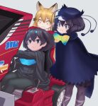  +_+ 3girls :d animal_ears antennae arcade_cabinet bangs behind_another bird_girl bird_tail bird_wings black_cape black_hair black_sweater blonde_hair bow bowtie brown_hair cape cloak closed_mouth commentary_request extra_ears ezo_red_fox_(kemono_friends) fox_ears grey_background hair_between_eyes hat head_wings highres kemono_friends kosai_takayuki leaning_forward leggings long_hair long_sleeves looking_at_object medium_hair multicolored_bow multicolored_bowtie multicolored_hair multiple_girls open_mouth pantyhose parted_bangs playing_games purple_eyes sega simple_background sitting smile standing superb_bird-of-paradise_(kemono_friends) sweater tail tan two-tone_hair video_game western_parotia_(kemono_friends) wide-eyed wings yellow_eyes 