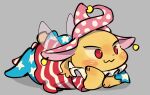  1girl :3 american_flag_dress american_flag_pants animal animal_ears blonde_hair blush bunny chamaruku closed_mouth clownpiece colored_skin commentary_request dress fairy_wings grey_background hand_on_own_face hand_up hat jester_cap looking_to_the_side lying neck_ruff no_shoes on_stomach pants pink_headwear polka_dot rabbit_ears rabbit_tail red_eyes short_hair short_sleeves simple_background smile solo star_(symbol) star_print striped striped_dress striped_pants tail touhou wavy_hair wings yellow_skin 