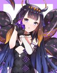  1girl :o animal_ears bangs bare_shoulders black_dress black_gloves black_hair blue_eyes blue_hair brown_hair commentary detached_sleeves dress eyebrows_visible_through_hair gloves gradient_hair halo hands_up heart highres holding hololive hololive_english long_hair looking_at_viewer multicolored_hair ninomae_ina&#039;nis parted_lips pekerika purple_background single_detached_sleeve solo strapless strapless_dress tentacles two-tone_background upper_body very_long_hair virtual_youtuber white_background white_sleeves 