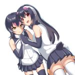  2girls african_penguin_(kemono_friends) bare_shoulders black_gloves black_hair black_legwear black_skirt black_sweater blush elbow_gloves eyebrows_visible_through_hair gloves headphones high_collar highres humboldt_penguin_(kemono_friends) kemono_friends kemono_friends_v_project long_hair mittens multicolored_hair multiple_girls palms_together penguin_girl penguin_tail pink_hair pleated_skirt purple_hair red_eyes sawara_noa short_hair skirt sleeveless streaked_hair sweater tail thighhighs two-tone_sweater virtual_youtuber white_legwear white_sweater yellow_eyes zettai_ryouiki 