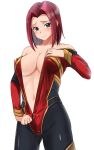  1girl blue_eyes bodysuit breasts cleavage code_geass cowboy_shot highres kallen_stadtfeld large_breasts multicolored_bodysuit multicolored_clothes red_hair short_hair simple_background solo standing super_robot_wars unzipping white_background ykh1028 