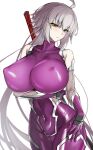  1girl absurdres bodysuit breasts cosplay covered_navel covered_nipples fate/grand_order fate_(series) highres huge_breasts igawa_asagi igawa_asagi_(cosplay) impossible_bodysuit impossible_clothes jeanne_d&#039;arc_alter_(avenger)_(fate) jeanne_d&#039;arc_alter_(fate) kaoru1307 long_hair looking_at_viewer purple_bodysuit shiny shiny_clothes silver_hair silver_trim simple_background solo standing taimanin_(series) taimanin_asagi taimanin_suit white_background yellow_eyes 