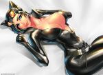  1girl absurdres animal_costume batman_(series) black_gloves black_hair blue_eyes bodysuit breasts carlos_javier cat_costume catwoman cleavage cropped_legs dc_comics gloves goggles highres large_breasts latex latex_bodysuit latex_gloves legs_together lips lying on_back selina_kyle shiny shiny_hair zipper zipper_pull_tab 