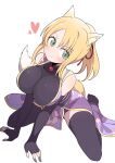  1girl absurdres animal_ear_fluff animal_ears arm_support bangs bare_shoulders black_gloves black_legwear black_leotard blonde_hair blush breasts closed_mouth commentary_request commission covered_collarbone dog_days elbow_gloves eyebrows_visible_through_hair fingerless_gloves fox_ears fox_girl fox_tail full_body gloves green_eyes hair_between_eyes heart highres japanese_clothes kimono korean_commentary large_breasts leotard long_hair luke_(dydansgur) no_shoes parted_bangs ponytail purple_kimono simple_background sleeveless sleeveless_kimono smile solo tail thighhighs white_background yukikaze_panettone 