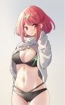  1girl alternate_costume bangs bikini breasts chest_jewel gem headpiece highres large_breasts navel pyra_(xenoblade) red_eyes red_hair scarlet_dango short_hair solo swept_bangs swimsuit thighhighs tiara xenoblade_chronicles_(series) xenoblade_chronicles_2 