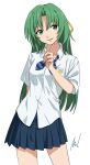  1girl arm_behind_back bangs blue_bow blue_bowtie blue_skirt bow bowtie collarbone collared_shirt contrapposto cowboy_shot dress_shirt green_eyes green_hair hair_between_eyes hair_intakes hair_ribbon highres higurashi_no_naku_koro_ni index_finger_raised long_hair mac_naut miniskirt open_mouth pleated_skirt ribbon school_uniform shiny shiny_hair shirt simple_background skirt smile solo sonozaki_shion st._lucia_academy_school_uniform standing striped striped_bow striped_bowtie very_long_hair white_background white_shirt wing_collar yellow_ribbon 