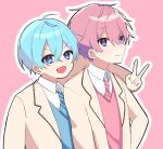  2boys arm_around_shoulder blue_eyes blue_hair colon_(stpri) highres hosizora_(sparetime) hug looking_at_viewer male_focus multiple_boys pink_background pink_hair purple_eyes satomi_(stpri) school_uniform short_hair smile strawberry_prince v 