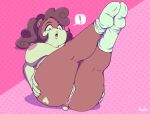  anthro anus big_breasts big_butt breasts brown_body brown_hair butt clothing cricetid exclamation_point female footwear genitals hair hamster mammal mostly_nude nimzy noms_(nimzy) pink_background pussy rodent simple_background socks solo 