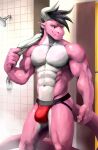  abs anthro biceps bulge clawed_fingers clothing dragon eyebrows fiberll hair hi_res horn jockstrap locker_room male muscular muscular_anthro muscular_male navel pecs pink_body shower shower_head solo standing thick_eyebrows towel_on_shoulder underwear white_body wingless_dragon 