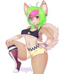  absurd_res anthro bottomwear breasts canid canine clothing ear_piercing female green_hair hair hi_res kitsuumi mammal piercing pink_hair shirt shorts solo step_pose topwear 