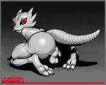  albino anthro anus balls butt claws feet foot_focus genitals glistening glistening_body hi_res horizontal_pupils horn kobold looking_at_viewer lovettica male presenting presenting_anus presenting_hindquarters pupils red_eyes scales scalie simple_background solo white_body 
