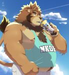  2022 absurd_res anthro belly beverage big_belly brown_body bubble_tea clothing cloud drinking felid hi_res humanoid_hands kemono lion male mammal moobs nipples nookdae outside overweight overweight_male pantherine shirt solo text text_on_clothing text_on_shirt text_on_topwear topwear 