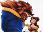  2021 anthro beast_(disney) beauty_and_the_beast belle_(beauty_and_the_beast) breasts chimera clothing duo eye_contact female gloves hand_holding handwear hi_res horn human lipstick looking_at_another lordguyis makeup male male/female mammal signature simple_background smile white_background 