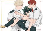  3boys artist_name bakugou_katsuki blonde_hair blue_eyes boku_no_hero_academia burn_scar carrying closed_mouth collared_shirt commentary_request english_commentary eye_contact freckles green_eyes green_hair green_pants hand_on_another&#039;s_chest hand_on_another&#039;s_head hand_on_another&#039;s_leg looking_at_another male_focus mantos_no.7 midoriya_izuku mixed-language_commentary multiple_boys necktie open_mouth pants red_eyes red_hair red_necktie scar scar_across_eye scar_on_face school_uniform shirt shirt_grab shirt_tucked_in short_hair short_sleeves simple_background socks spiked_hair standing sweat thai_commentary todoroki_shouto u.a._school_uniform watermark white_background white_shirt yellow_legwear 