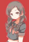  akarei_(red_spooky) alternate_hairstyle bangs black_eyes black_hair black_sailor_collar black_serafuku bow braid closed_mouth commentary_request expressionless eyebrows hair_bow highres idol_heroes_(idolmaster) idolmaster idolmaster_million_live! kitazawa_shiho long_hair looking_at_viewer midriff neckerchief red_background red_bow red_neckerchief sailor_collar school_uniform serafuku short_sleeves solo upper_body 