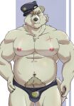  2022 anthro belly big_belly bulge canid canine canis clothing domestic_dog eyes_closed hi_res humanoid_hands kemono male mammal maron2475 moobs musclegut nipples overweight overweight_male police_badge police_hat scar solo underwear 