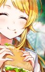  1girl ^_^ ahoge blonde_hair blurry blurry_background blush close-up closed_eyes depth_of_field eating food food_on_face hachimiya_meguru holding holding_food idolmaster idolmaster_shiny_colors piroshiki123 sandwich smile solo upper_body 