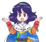  1girl :d belt blue_hair cape cloak dress eyebrows_visible_through_hair happy keb00b multicolored_clothes multicolored_dress multicolored_eyes multicolored_hairband open_mouth patchwork_clothes rainbow_gradient red_button sky_print smile solo tenkyuu_chimata touhou two-sided_cape two-sided_fabric watermark white_cape zipper 