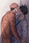  2boys bandage_on_face bandages black_hair blue_shirt blush closed_eyes collarbone commentary_request curtains facial_mark french_kiss fushiguro_megumi fushirun_rung highres itadori_yuuji jacket jujutsu_kaisen kiss labcoat long_sleeves male_focus multicolored_hair multiple_boys orange_jacket orange_pants pants shirt short_hair spiked_hair stethoscope sweat tongue tongue_out two-tone_hair undercut yaoi 