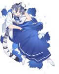  1girl animal_ears black_hair blue_bow blue_hair blue_hakama bow eyebrows_visible_through_hair hakama hand_in_own_hair highres isobee japanese_clothes kemono_friends lying maltese_tiger_(kemono_friends) miko no_shoes on_side shirt short_hair short_sleeves socks solo tail tied_sleeves tiger_ears tiger_girl tiger_tail white_hair white_legwear white_shirt yellow_eyes 