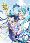  aqua_eyes aqua_hair black_footwear blue_sky boots breasts cloud detached_sleeves full_body fur_trim garter_straps hatsune_miku holding holding_staff large_breasts long_hair midriff open_mouth oswald_musashi outdoors sky solo staff teeth thigh_boots thighhighs twintails very_long_hair vocaloid 