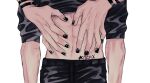  2boys abs arm_tattoo black_nails black_pants clothes_lift fushiguro_megumi fushirun_rung hands hands_on_another&#039;s_stomach highres hood hoodie hoodie_lift jujutsu_kaisen lifted_by_another male_focus multiple_boys navel out_of_frame pants ryoumen_sukuna_(jujutsu_kaisen) simple_background star_tattoo tattoo toned toned_male white_background yaoi 