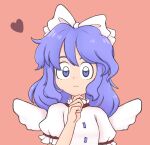  1girl :| angel_wings bangs bow breasts buttons closed_mouth commentary dress face feathered_wings frilled_sleeves frills hair_bow hand_on_own_chin heart highres keb00b light_blue_eyes light_blue_hair looking_at_viewer mai_(touhou) pink_background puffy_short_sleeves puffy_sleeves short_sleeves simple_background small_breasts touhou touhou_(pc-98) upper_body white_bow white_dress white_wings wings 