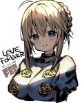  1girl ahoge artoria_pendragon_(fate) blonde_hair blue_eyes blush braid dated english_text fate_(series) fbc grey_background hair_between_eyes looking_at_viewer medium_hair parted_lips puffy_sleeves saber signature simple_background smile solo turtleneck upper_body 