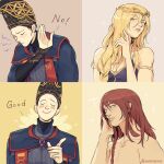  1boy 2girls blonde_hair drakeposting_(meme) dress elden_ring frown hat highres jewelry meme multiple_girls queen_marika_the_eternal radagon_of_the_golden_order red_hair rennala_queen_of_the_full_moon smile unoobang 