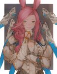  1693193543 1girl animal_ears blue_eyes border breasts cleavage cleavage_cutout closed_mouth clothing_cutout final_fantasy final_fantasy_xiv floating floating_object floating_weapon gloves half_gloves hatching_(texture) long_hair pink_hair pink_lips pocket_watch pouch puffy_sleeves rabbit_ears sage_(final_fantasy) smile solo viera watch weapon white_border white_gloves 