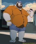  anthro beard belly big_belly bodily_fluids body_hair bottomwear chest_hair clothing cutoffs denim denim_clothing drooling facial_hair footwear genital_fluids gold gold_(metal) gold_tooth hat headgear headwear hi_res looking_at_object looking_at_phone male mammal money musclegut muscular muscular_male overweight overweight_male polar_bear precum rumbling_stomach saliva sandals shorts solo tcw tcw_(character) tight_clothing tongue tongue_out ursid ursine weight_gain 